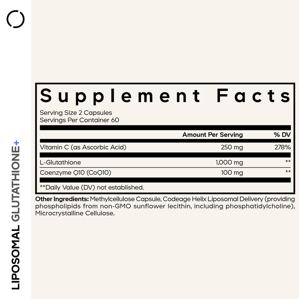 Capsules close-up showing 1000 mg reduced L-glutathione per serving.