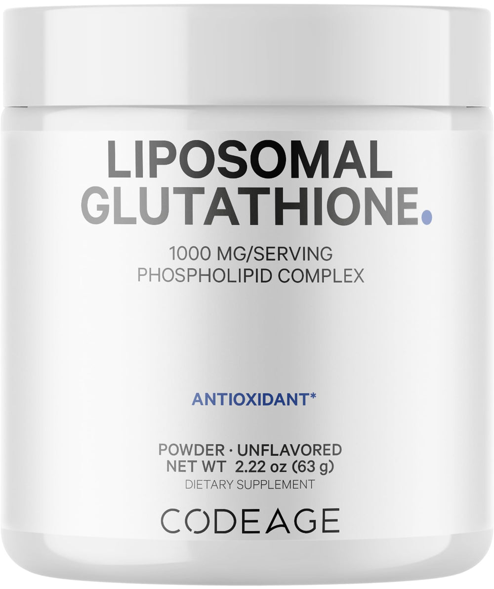 Codeage Liposomal Glutathione powder bottle on a clean kitchen counter, premium daily wellness.