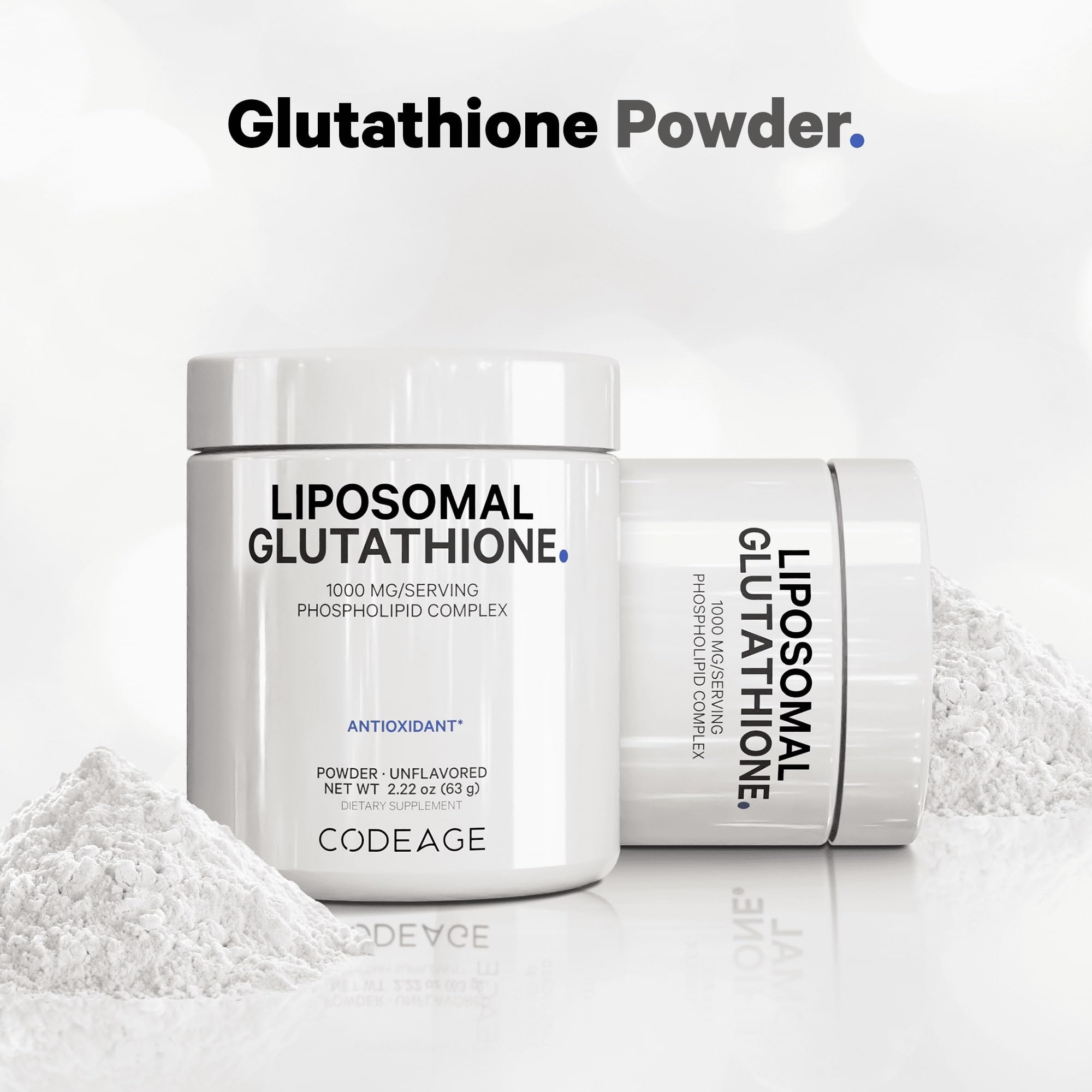 Codeage Liposomal Glutathione measuring scoop with powder, convenient two-month supply.