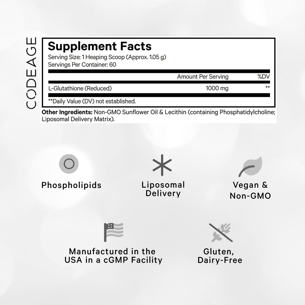 Codeage Liposomal Glutathione powder being poured into water for easy mixing.