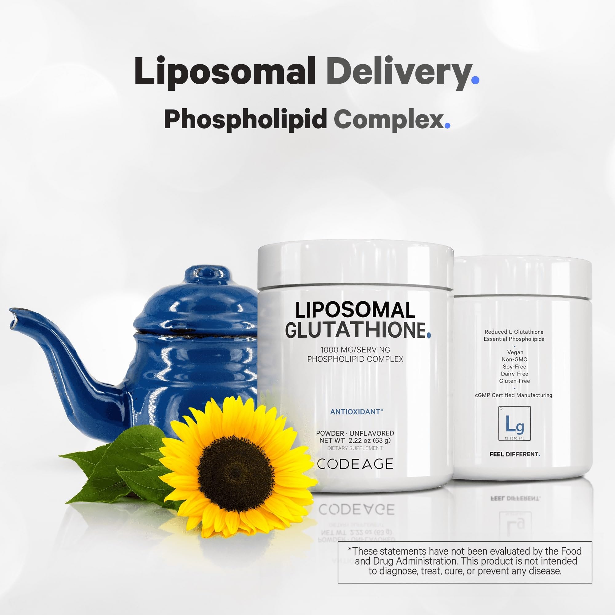 Codeage Liposomal Glutathione unflavored powder blends into beverages.