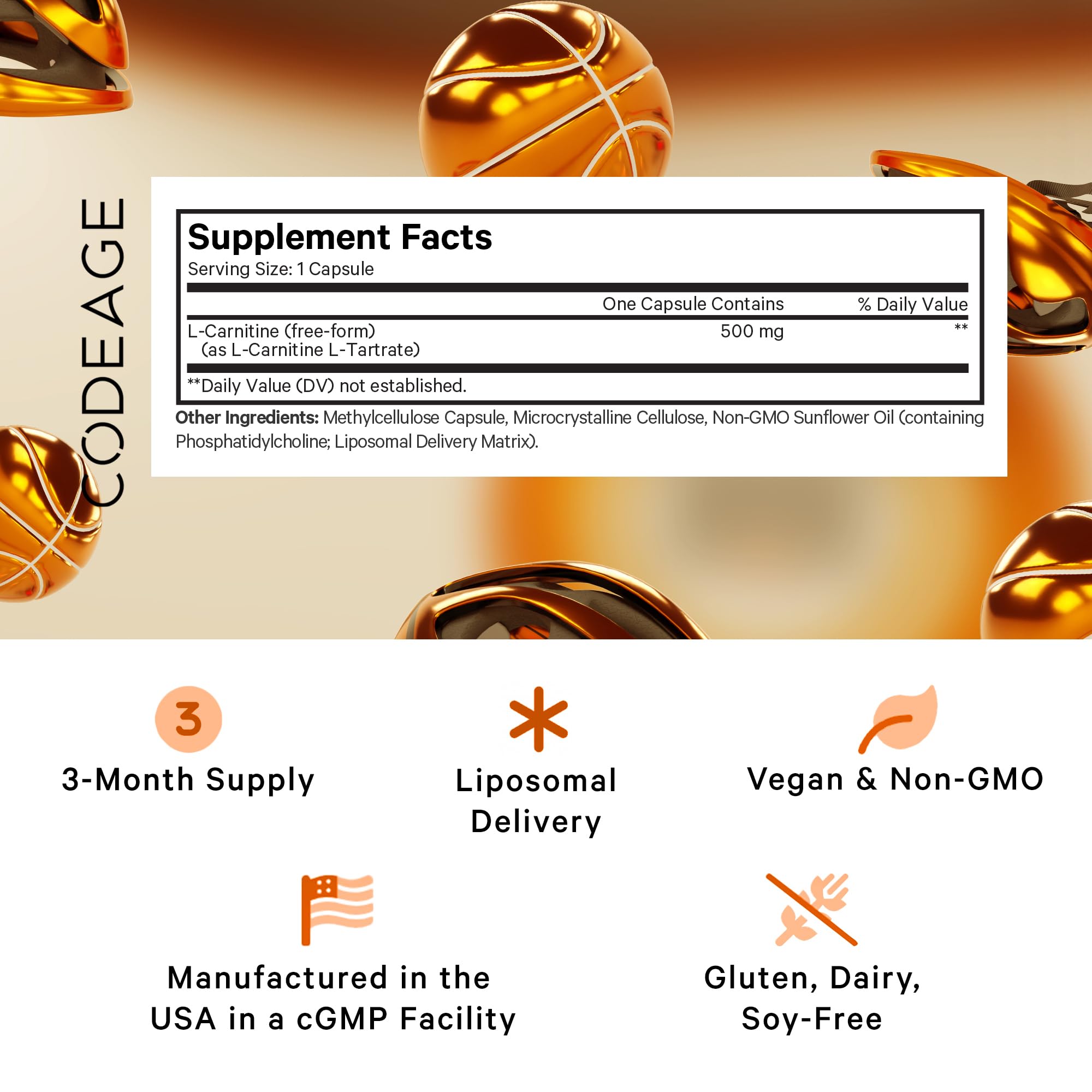 Codeage Liposomal L-Carnitine capsules close-up showing compact daily dose.