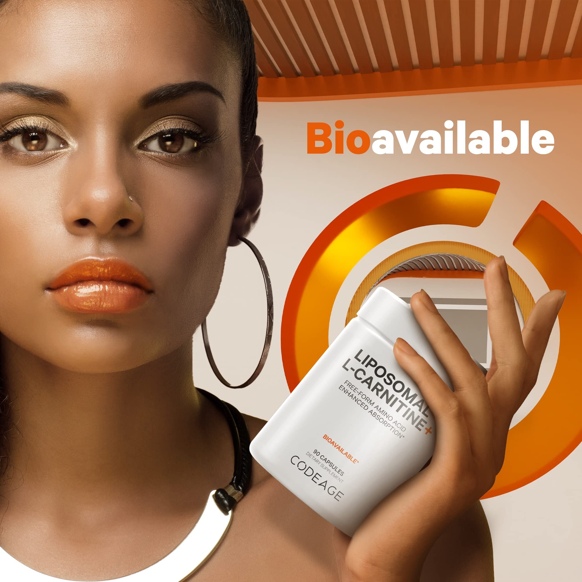 Codeage Liposomal L-Carnitine ingredient visualization highlighting vegan, non-GMO credentials.