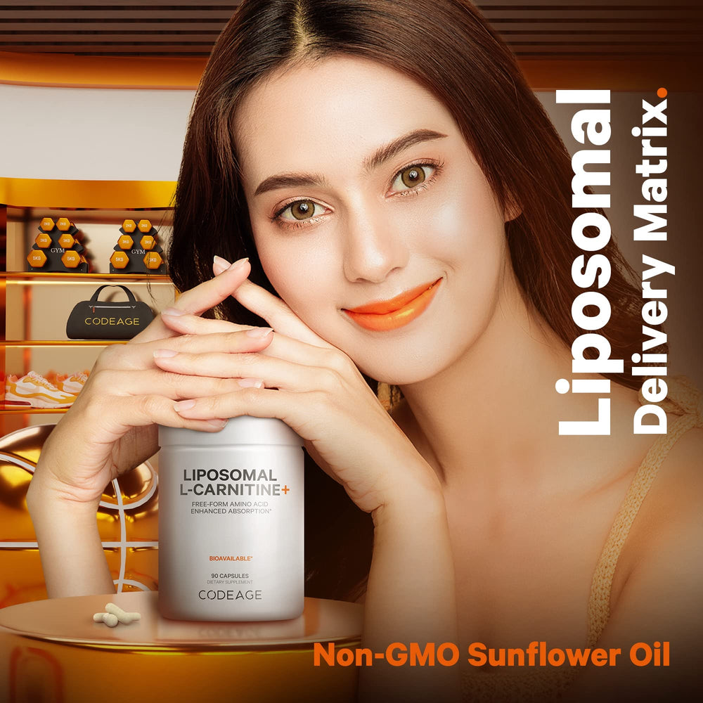 Codeage Liposomal L-Carnitine liposomal core concept with sunflower oil reference.