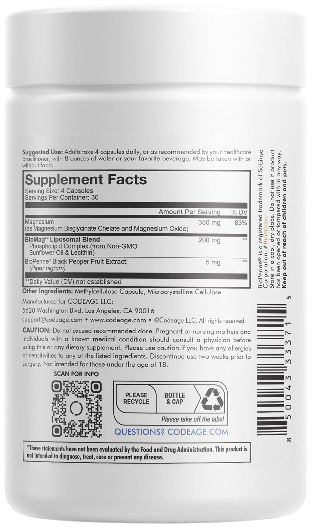 Codeage liposomal magnesium glycinate capsules close-up showing easy-to-swallow form.