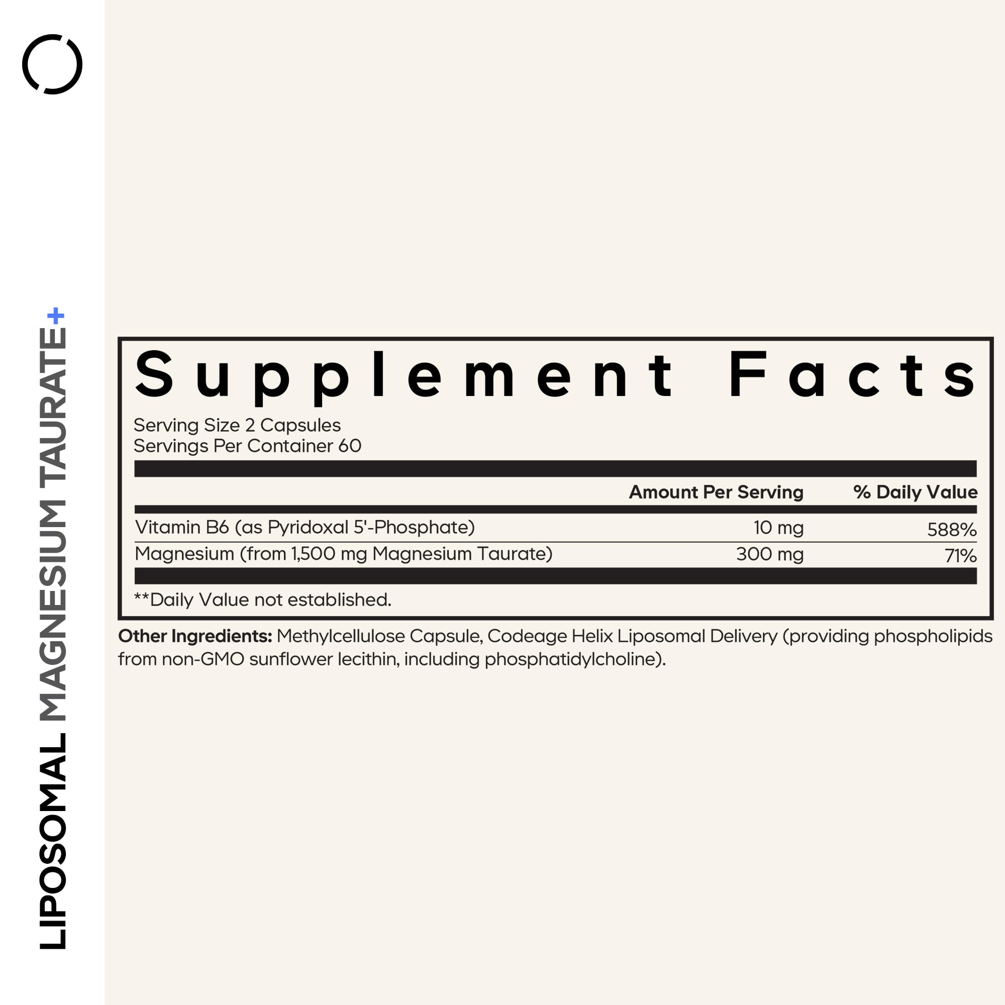 Codeage Liposomal Magnesium Taurate+ bottle back, ingredients and details shown