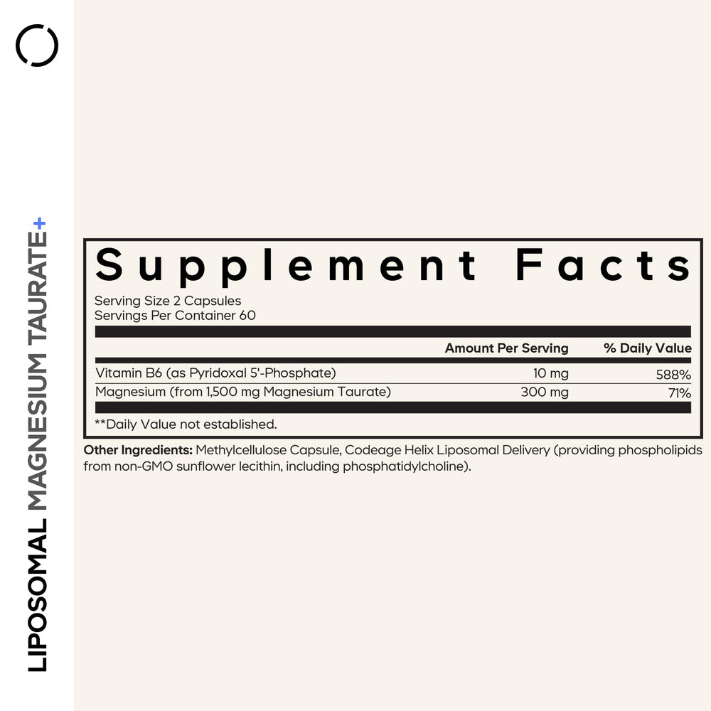 Codeage Liposomal Magnesium Taurate+ bottle back, ingredients and details shown