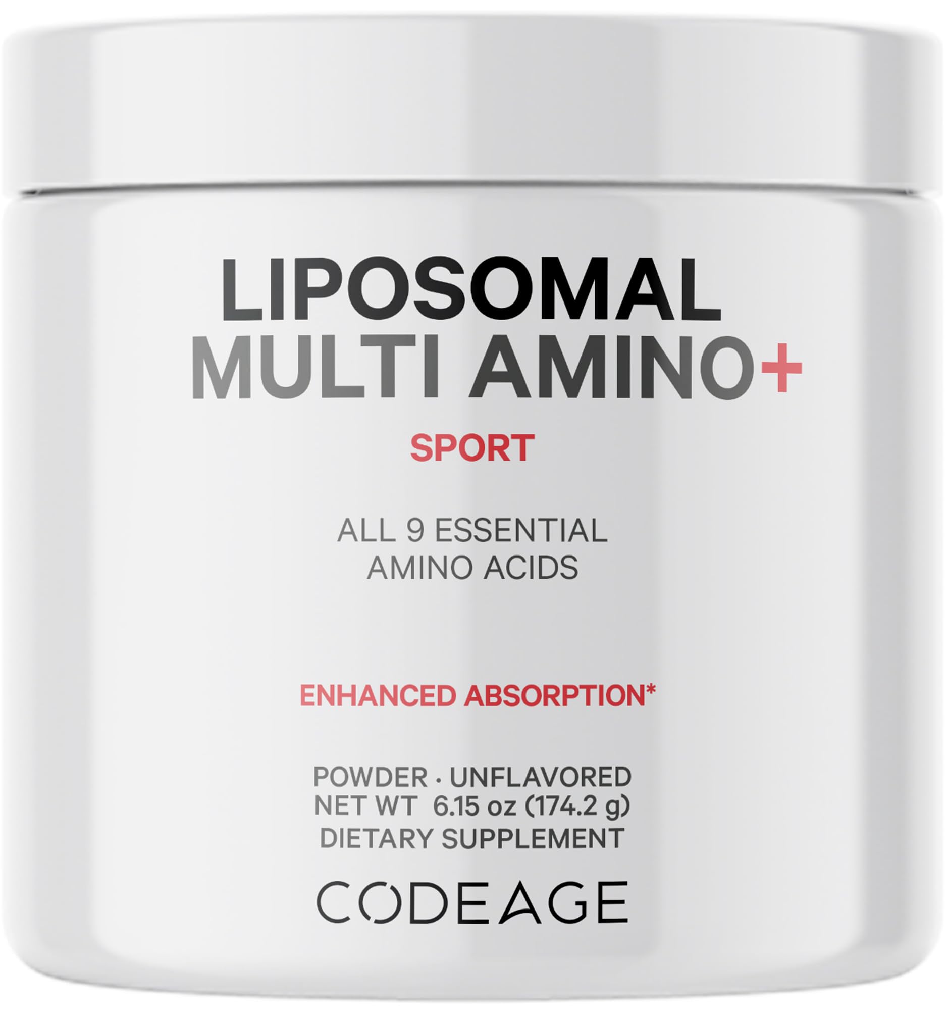 Codeage Liposomal Multi Amino powder bottle, vegan and non-GMO, for athletes.