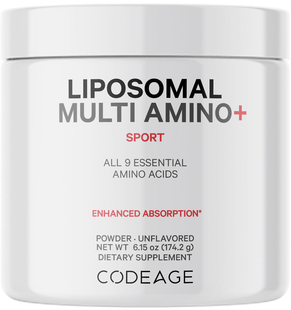 Codeage Liposomal Multi Amino powder bottle, vegan and non-GMO, for athletes.