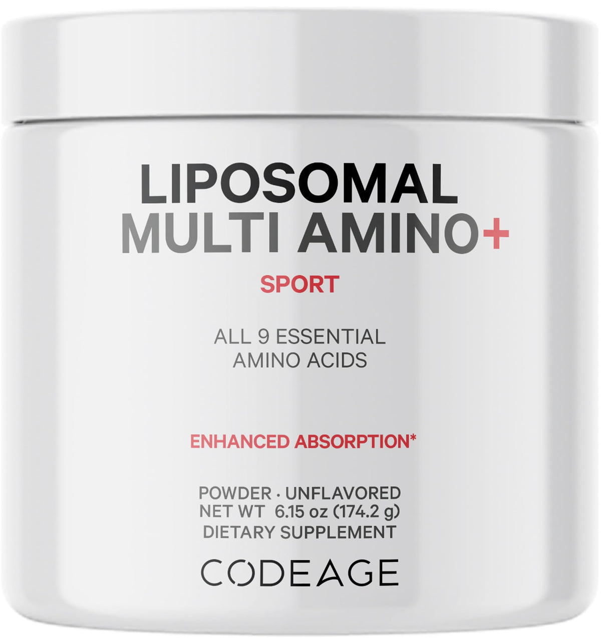 Codeage Liposomal Multi Amino powder bottle, vegan and non-GMO, for athletes.