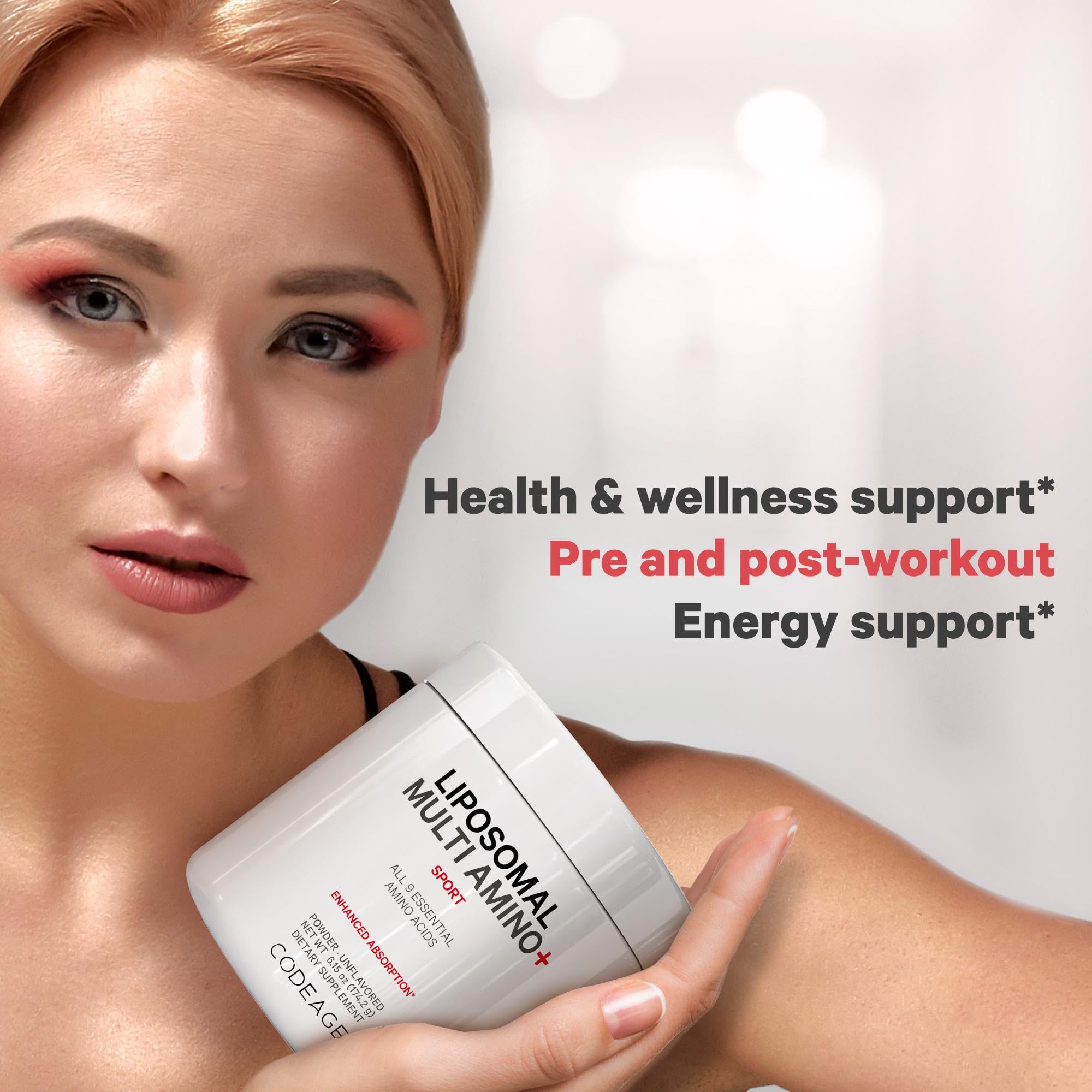 Codeage Liposomal Multi Amino powder packaging with vegan and non-GMO icons.