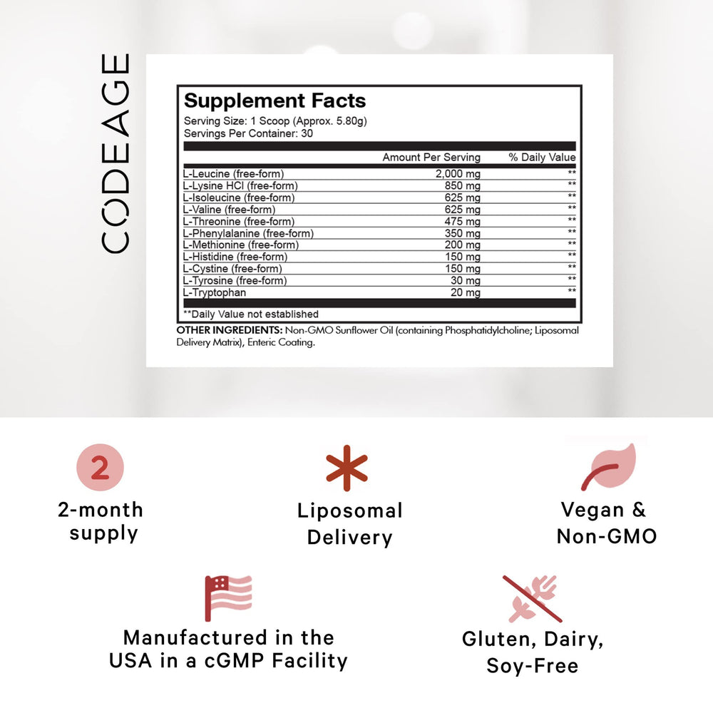 Codeage Liposomal Multi Amino powder with measuring scoop for precise servings.