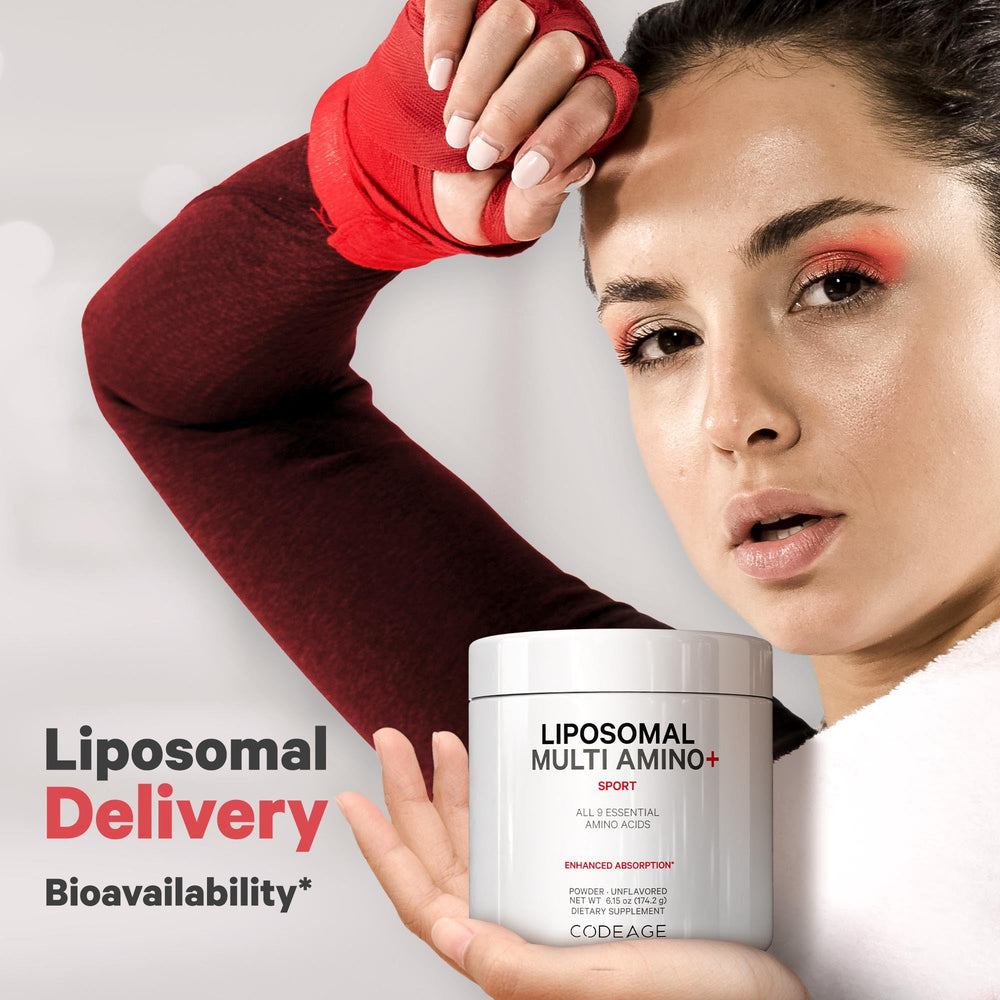 Codeage Liposomal Multi Amino powder spoonful showing powder texture.