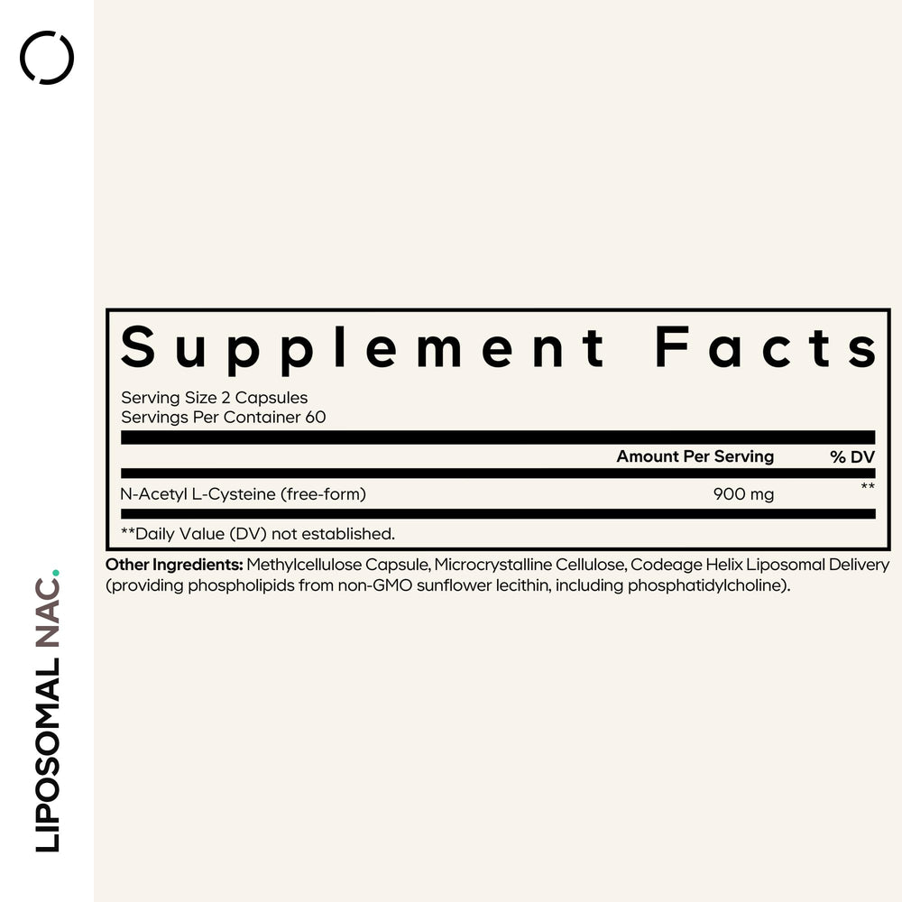 Close-up of Codeage Liposomal NAC capsules highlighting high-potency 900 mg NAC.