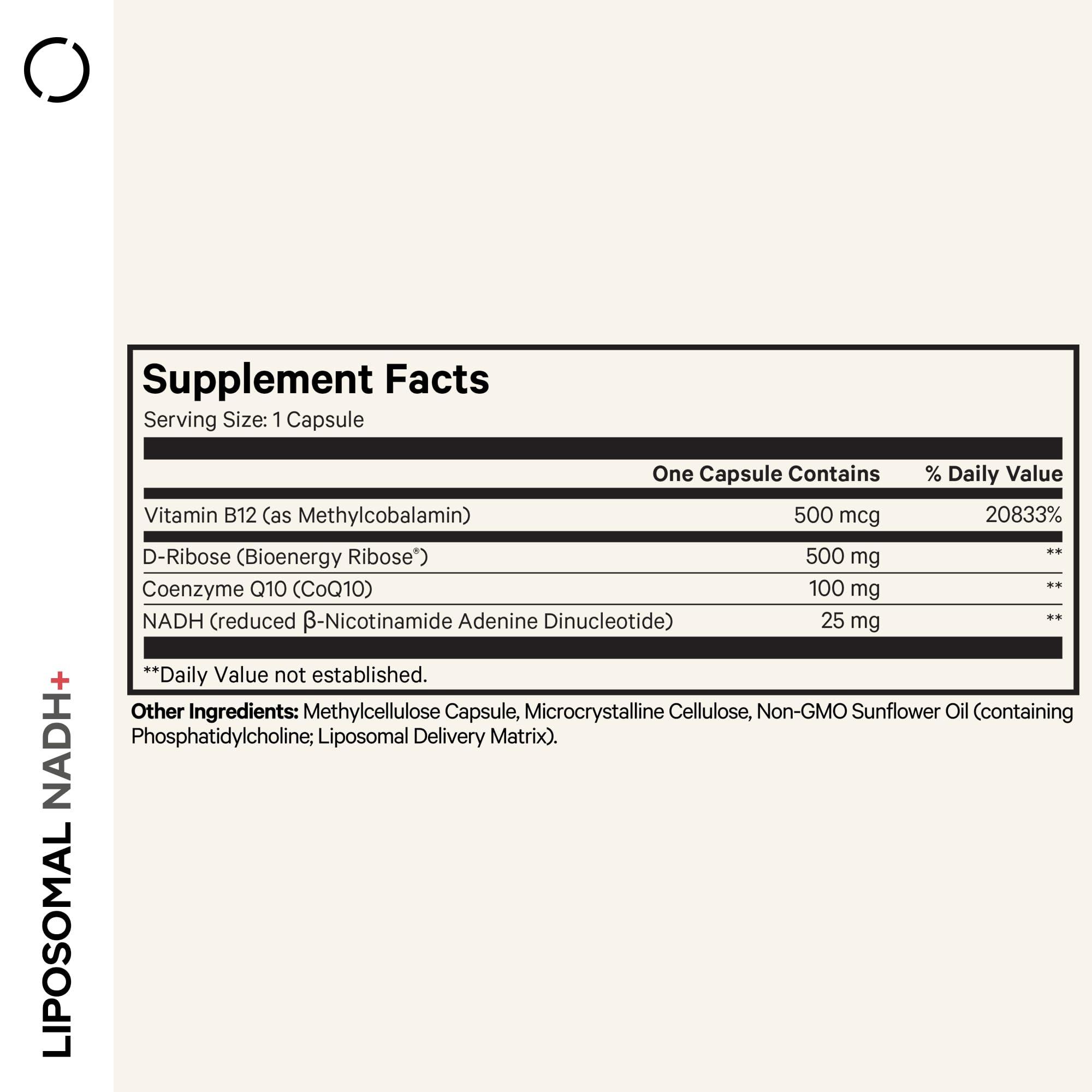 Codeage Liposomal NADH+ capsules side view showing convenient serving size
