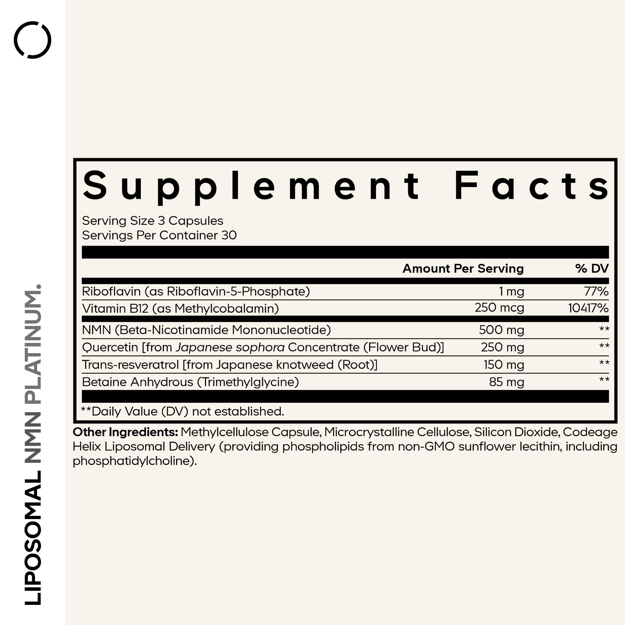 Codeage Liposomal NMN Platinum ingredient panel highlights resveratrol and quercetin