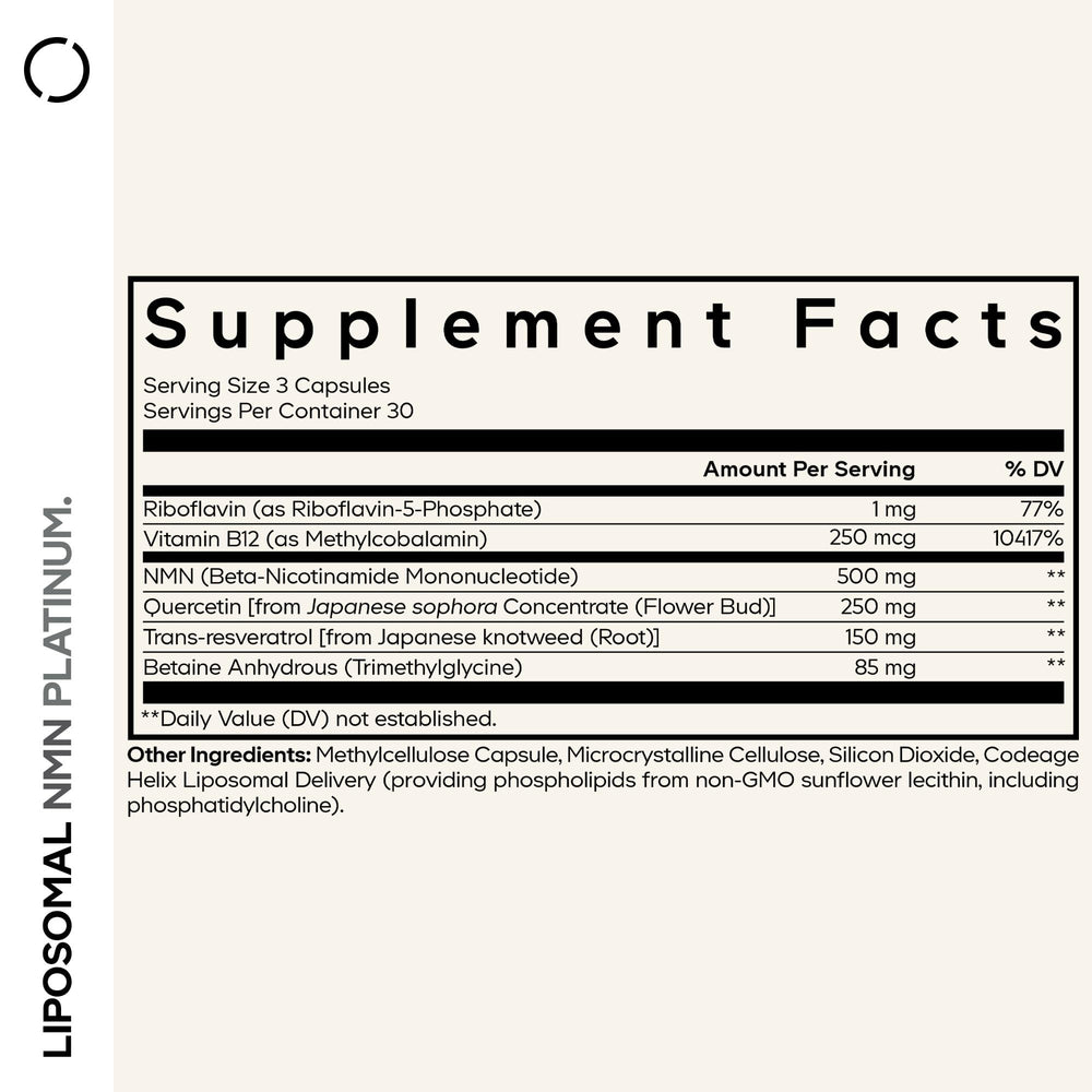 Codeage Liposomal NMN Platinum ingredient panel highlights resveratrol and quercetin