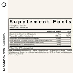 Codeage Liposomal NMN Platinum ingredient panel highlights resveratrol and quercetin