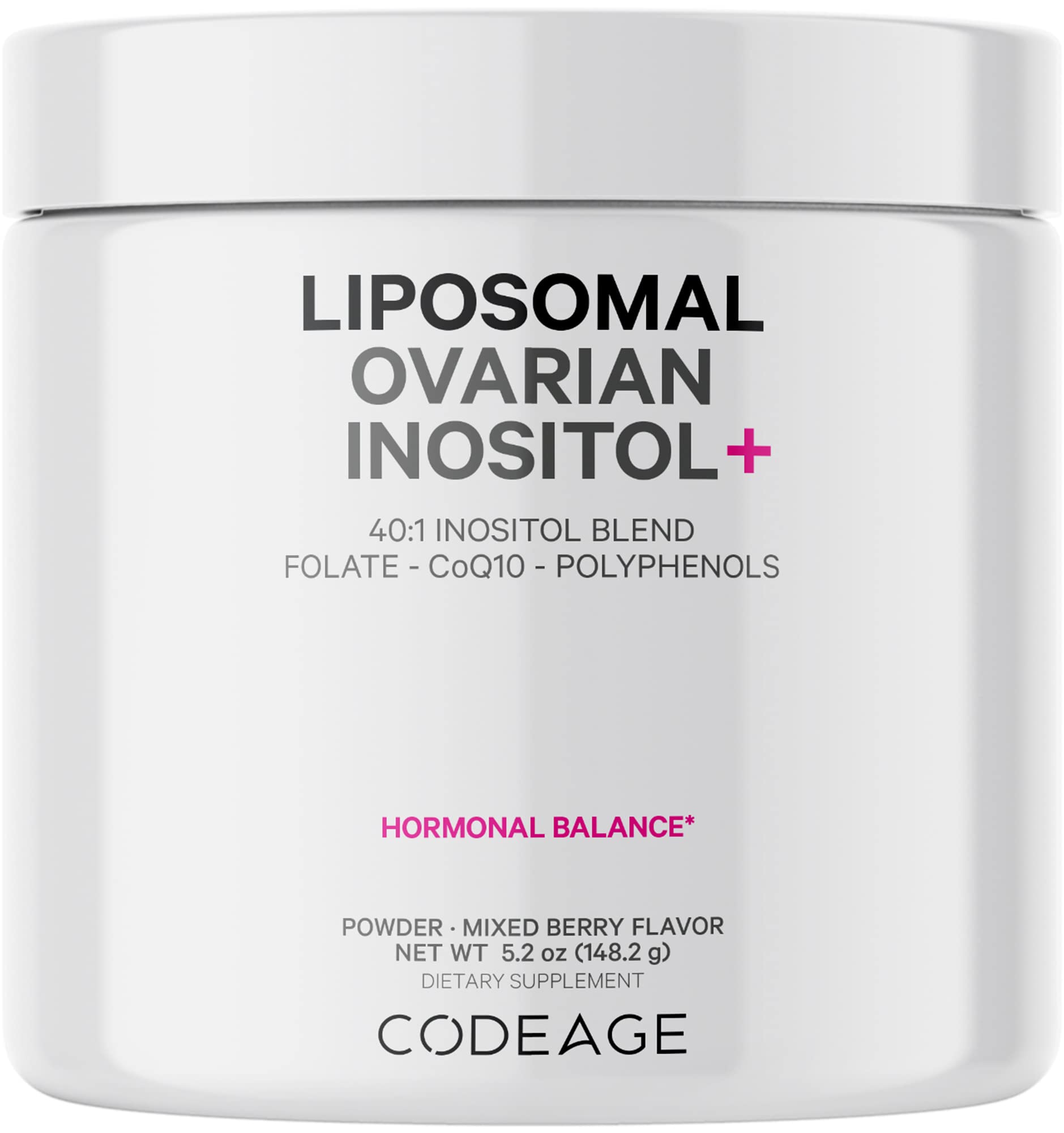 Codeage Liposomal Ovarian Inositol Powder bottle for enhanced daily wellness.
