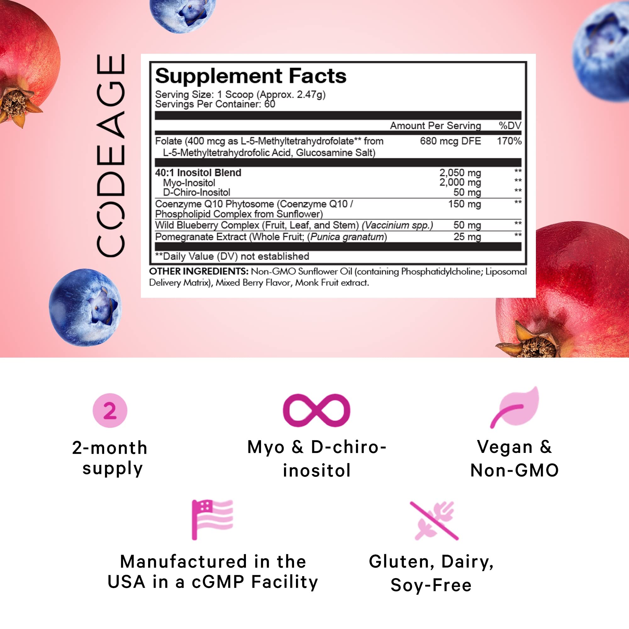 Codeage Liposomal Ovarian Inositol Powder label shows 40:1 Myo- to D-Chiro-Inositol blend.