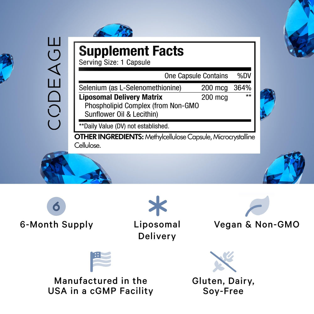 Close-up of Codeage Liposomal Selenium capsules highlighting vegan, non-GMO delivery.