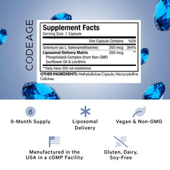 Close-up of Codeage Liposomal Selenium capsules highlighting vegan, non-GMO delivery.