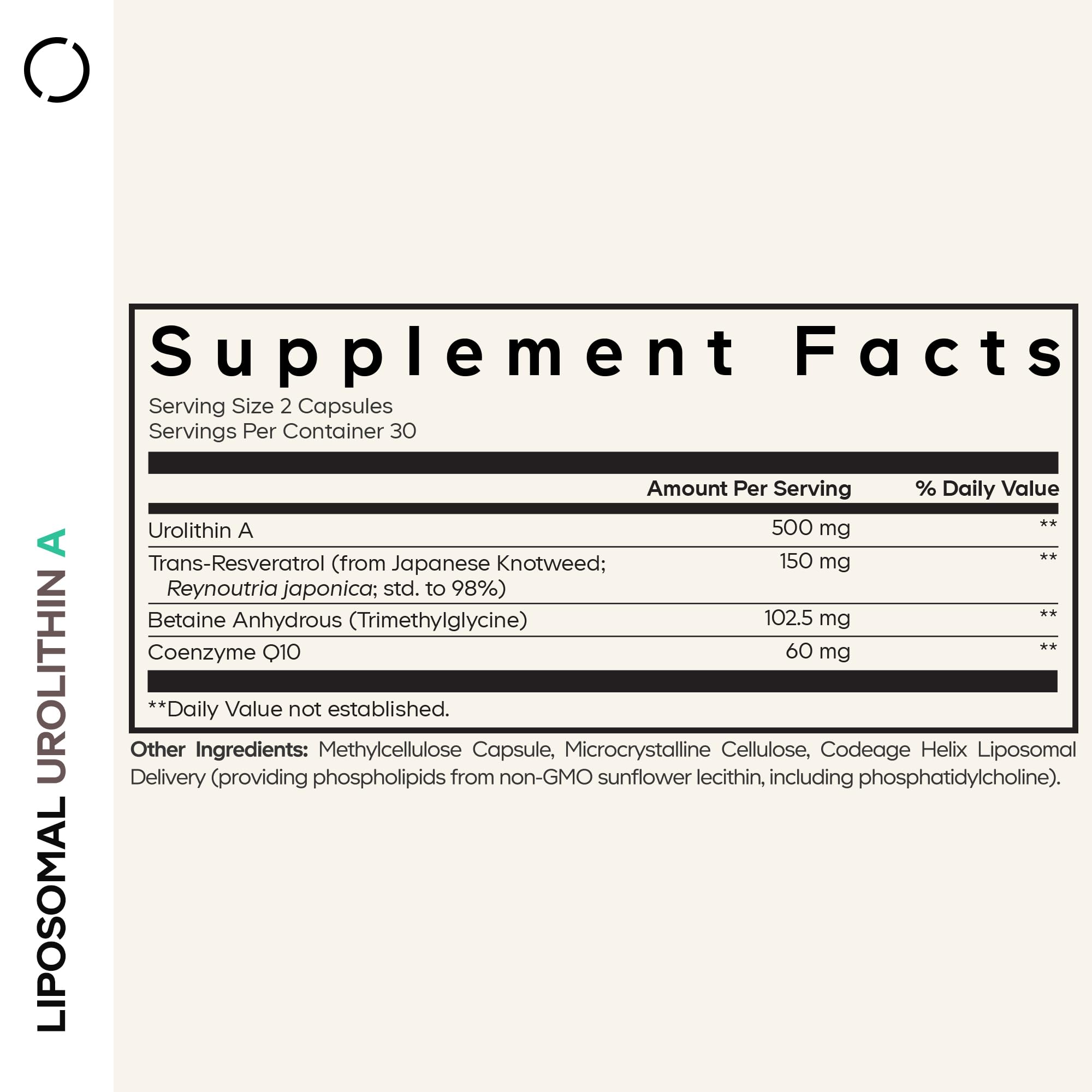 Codeage Liposomal Urolithin A bottle back reveals ingredient highlights.