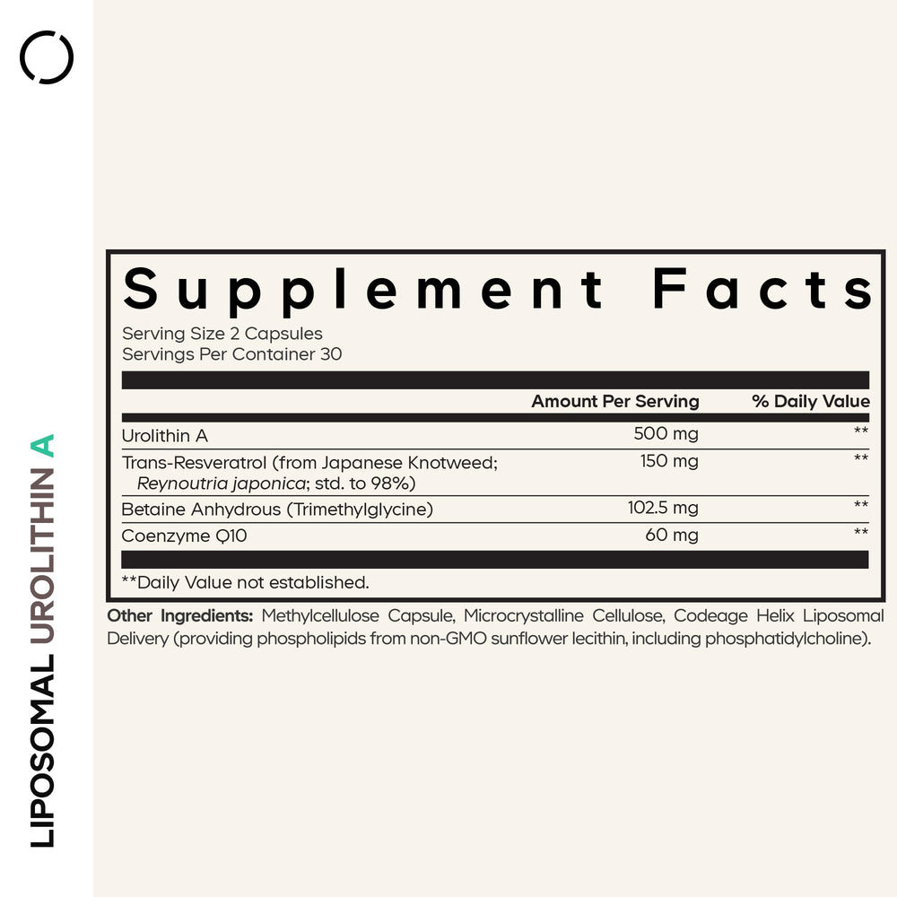 Codeage Liposomal Urolithin A bottle back reveals ingredient highlights.