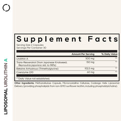 Codeage Liposomal Urolithin A bottle back reveals ingredient highlights.