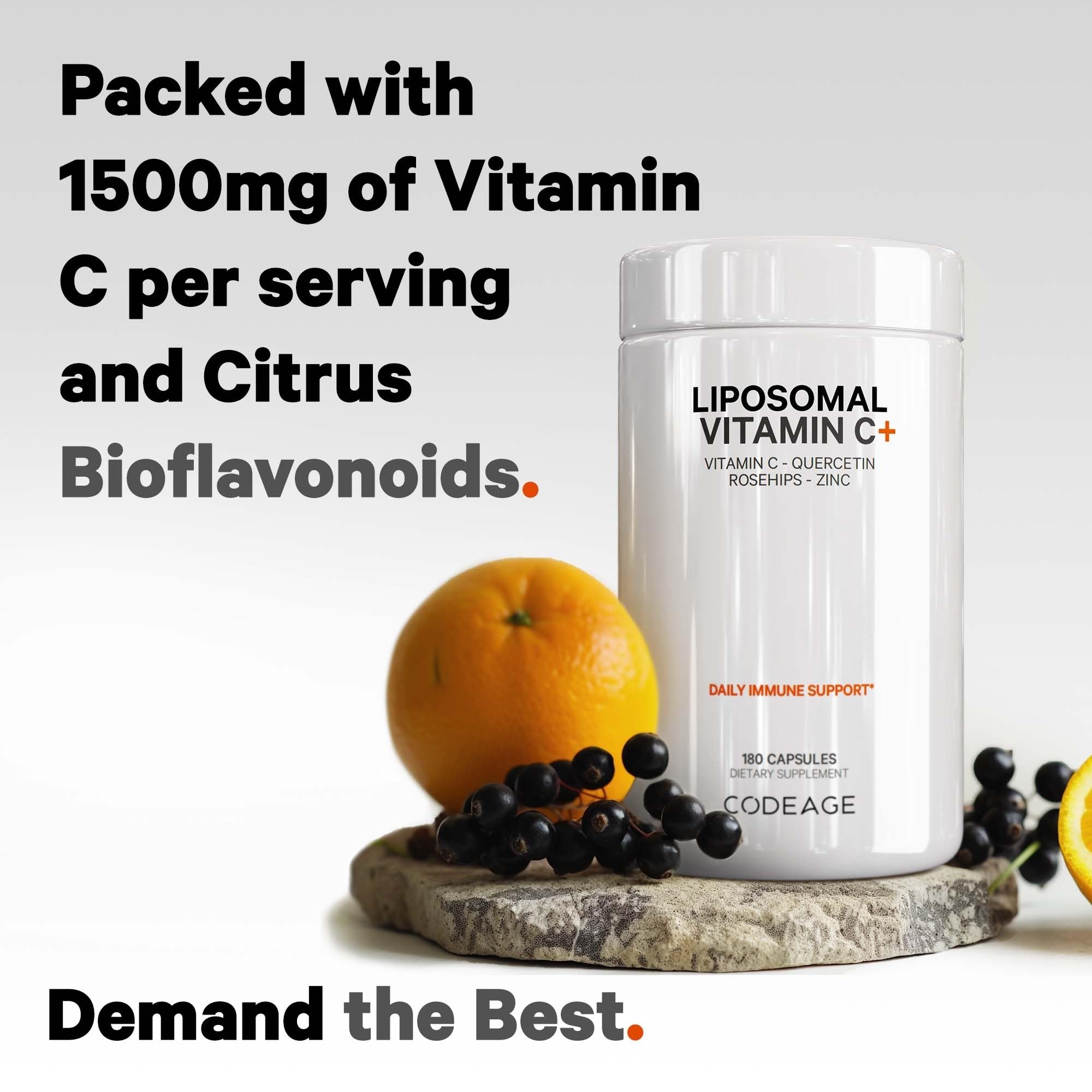 Codeage Liposomal Vitamin C 1500mg bottle cap highlights dosing