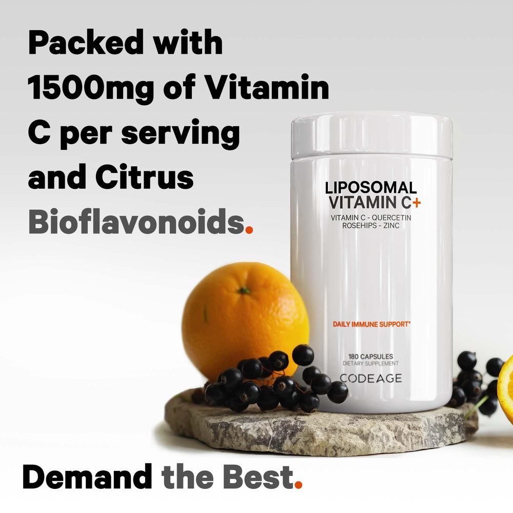 Codeage Liposomal Vitamin C 1500mg bottle cap highlights dosing