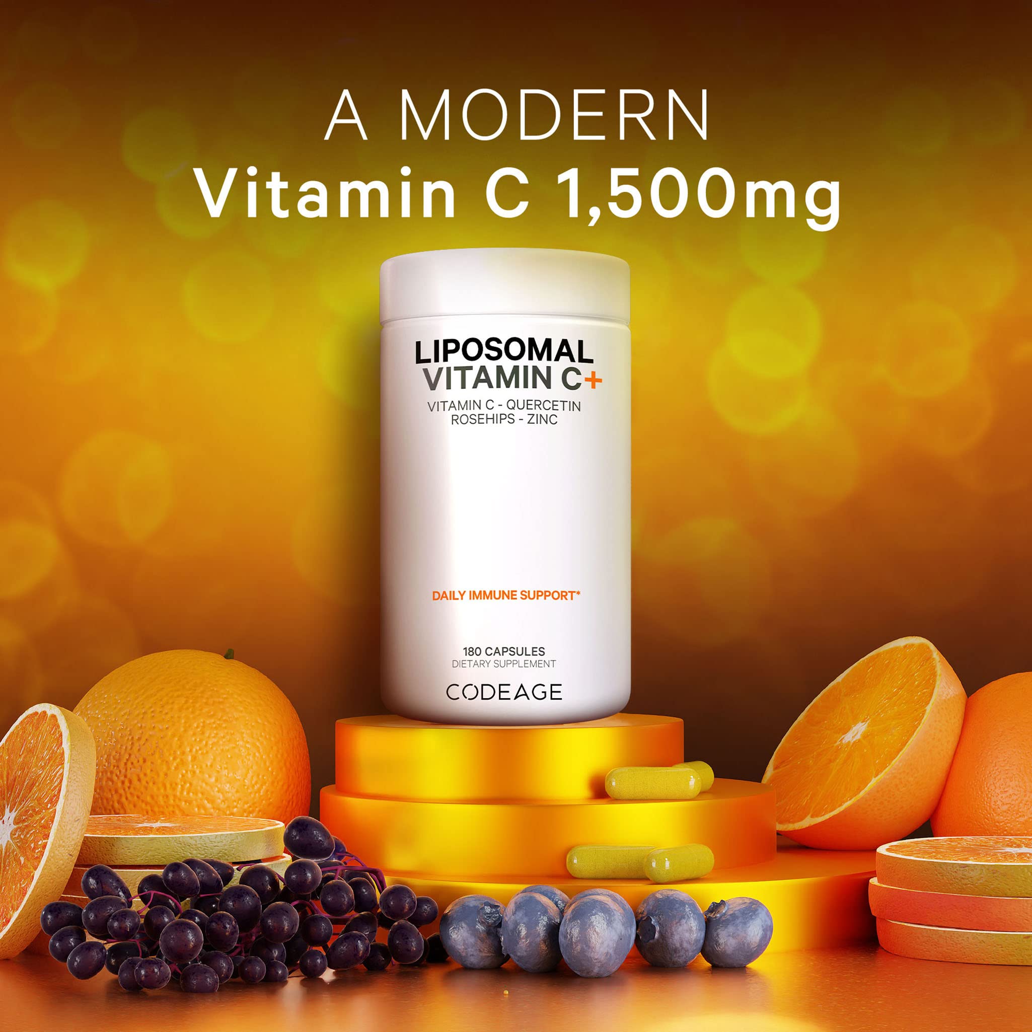 Codeage Liposomal Vitamin C capsules closeup emphasizing liposomal delivery technology