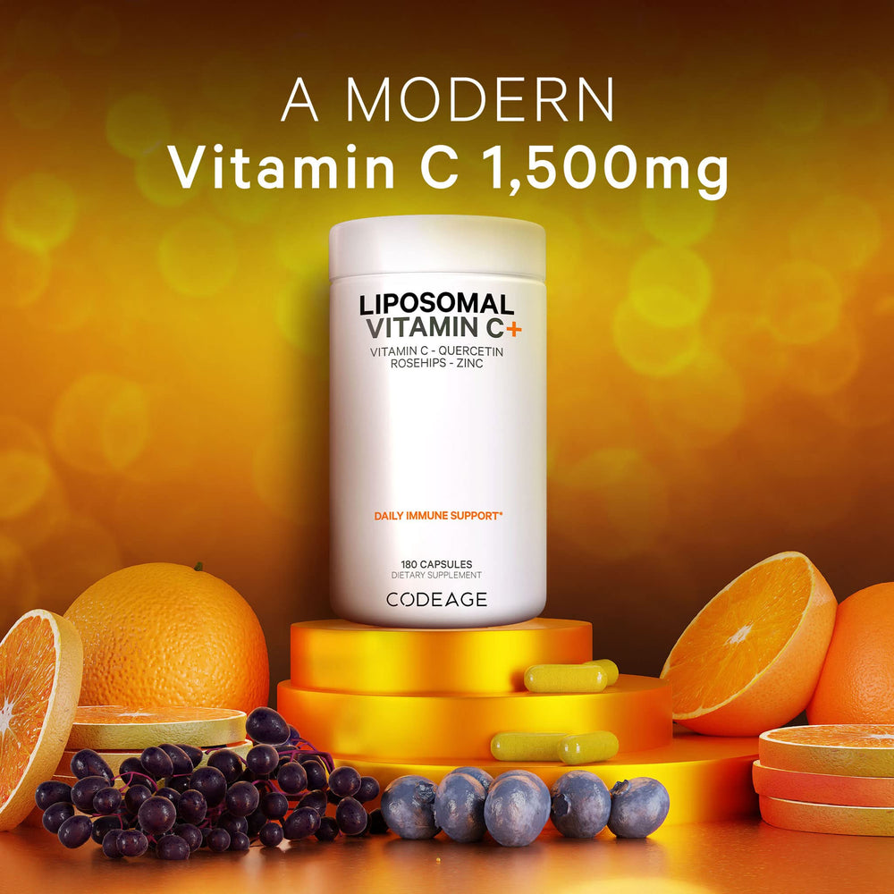 Codeage Liposomal Vitamin C capsules closeup emphasizing liposomal delivery technology