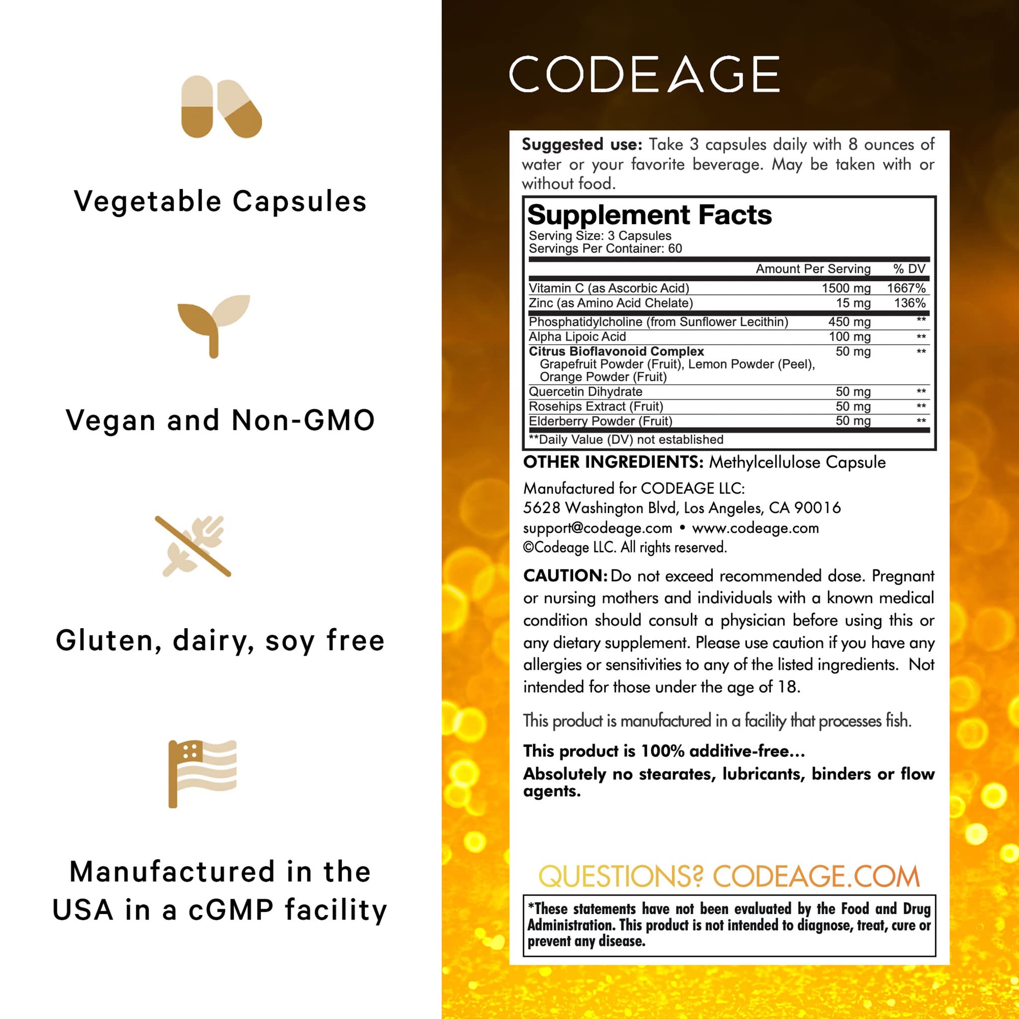 Codeage Liposomal Vitamin C ingredients panel shows zinc and bioflavonoids for balance