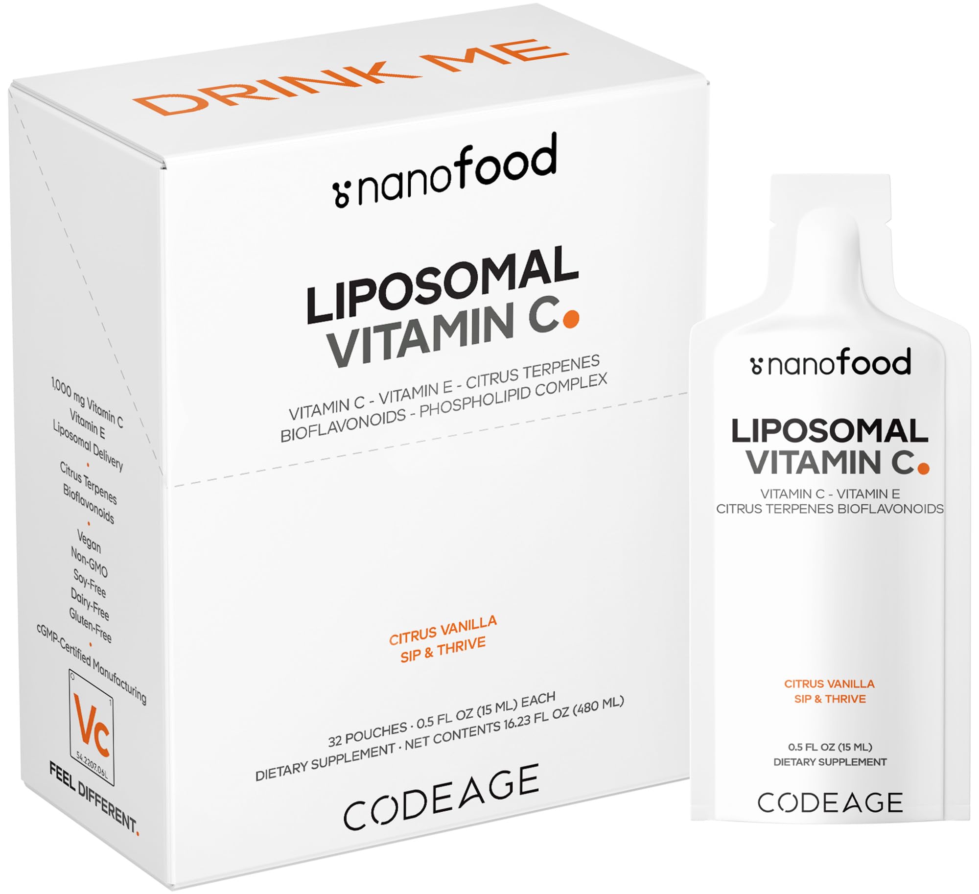 Codeage liposomal vitamin C liquid bottle pour showing easy dosing