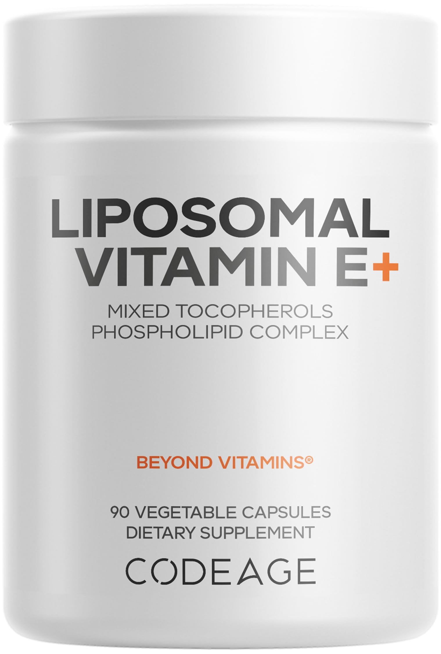 Codeage Liposomal Vitamin E bottle close-up with liposomal delivery for enhanced absorption