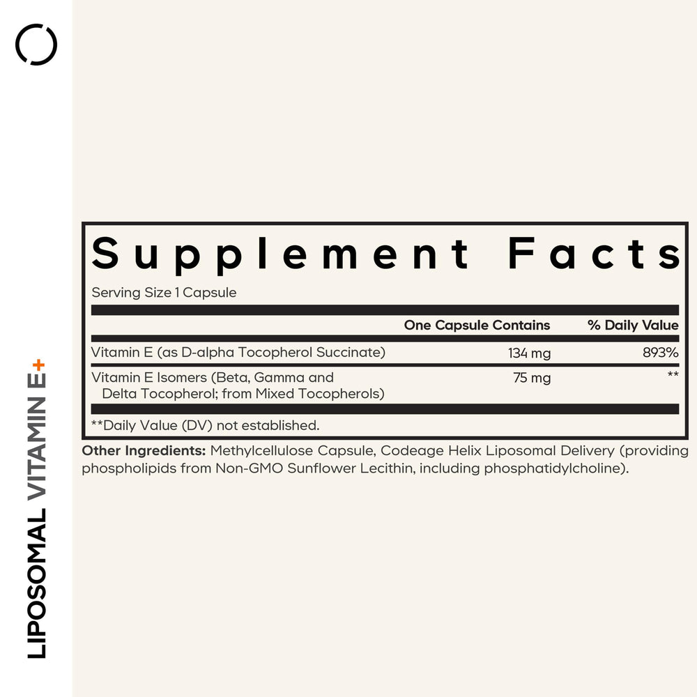 Codeage Liposomal Vitamin E capsules arranged to showcase the 3-month supply