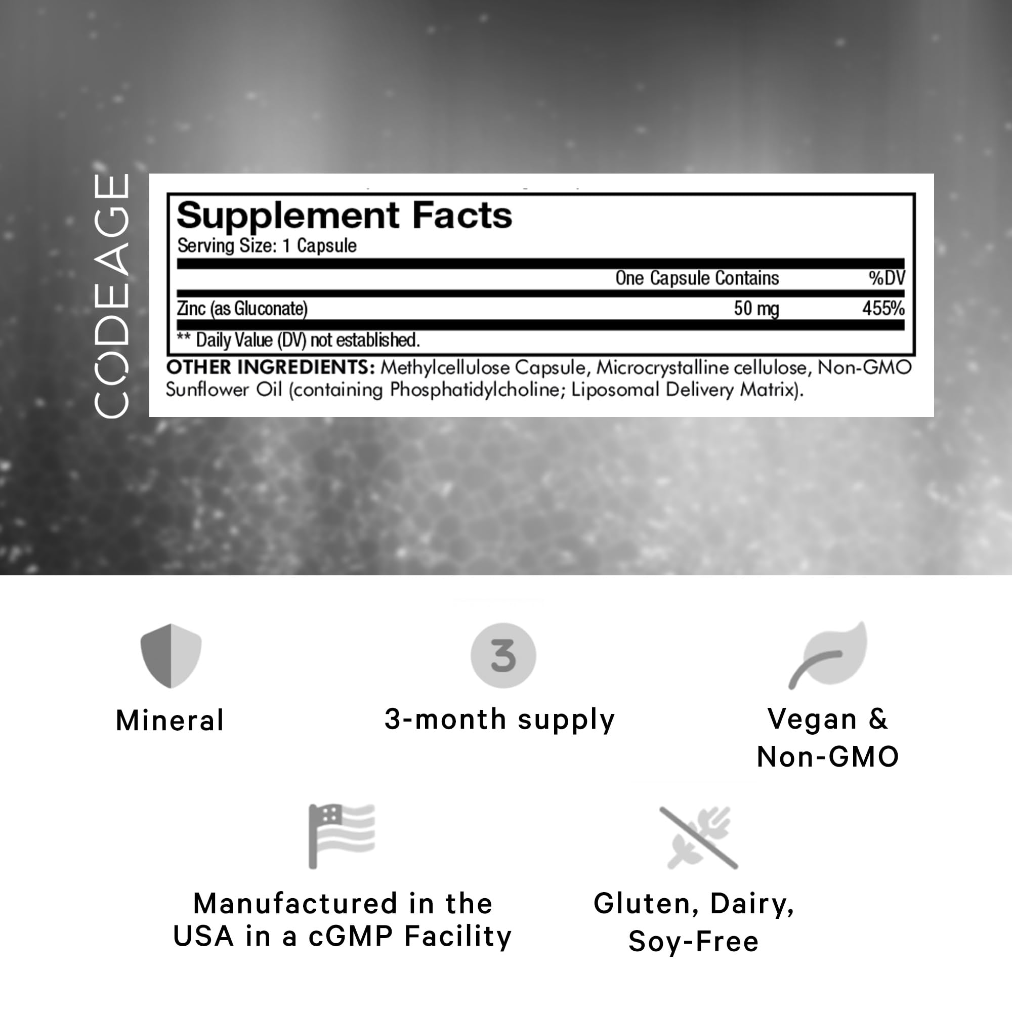 Codeage Liposomal Zinc capsules close-up for easy daily intake.