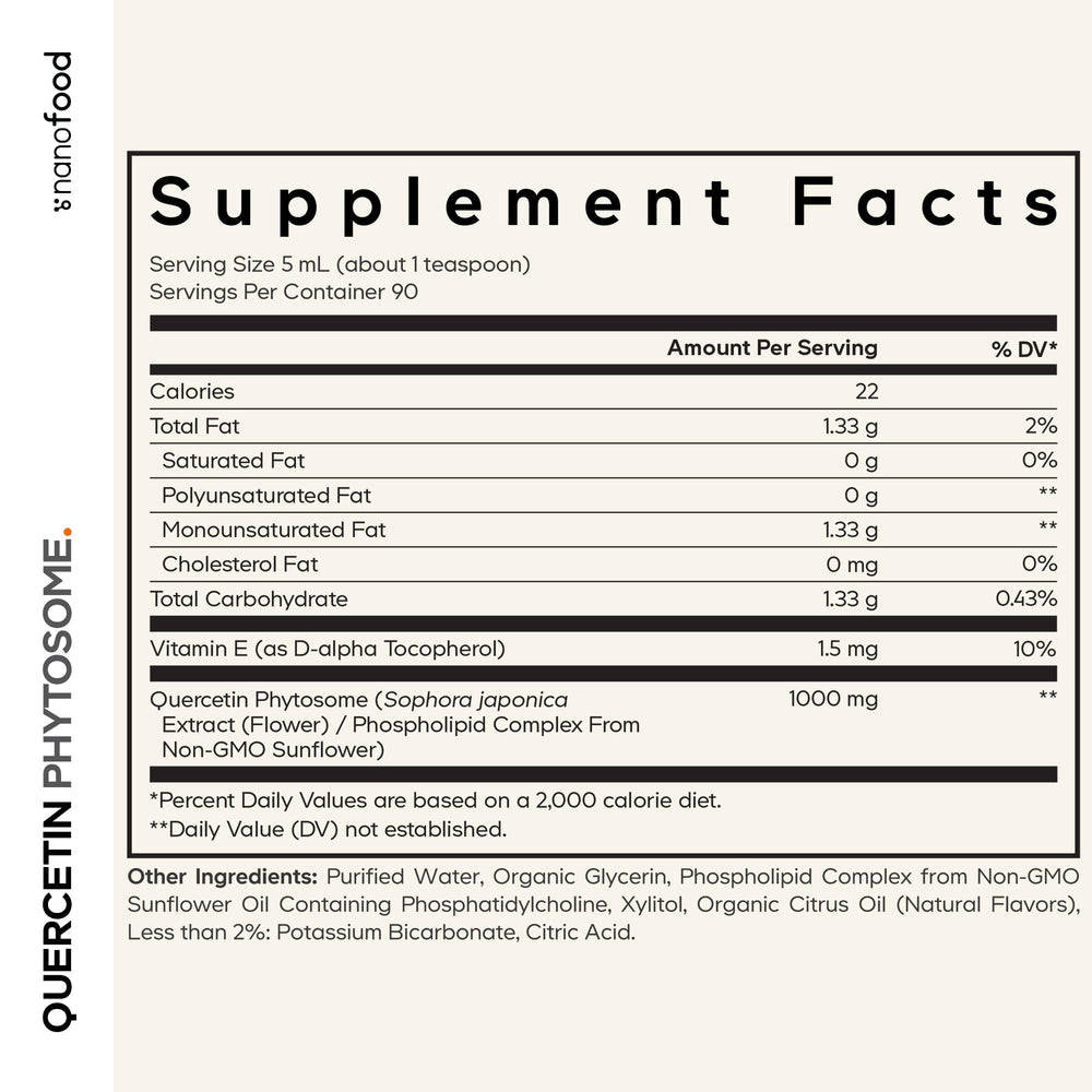 Codeage Quercetin Phytosome bottle label highlights liposomal delivery for better absorption.