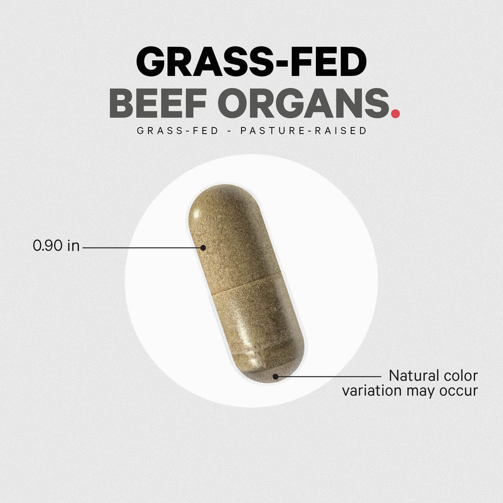 Codeage Made in USA Beef Organs supplement bottle on a counter.