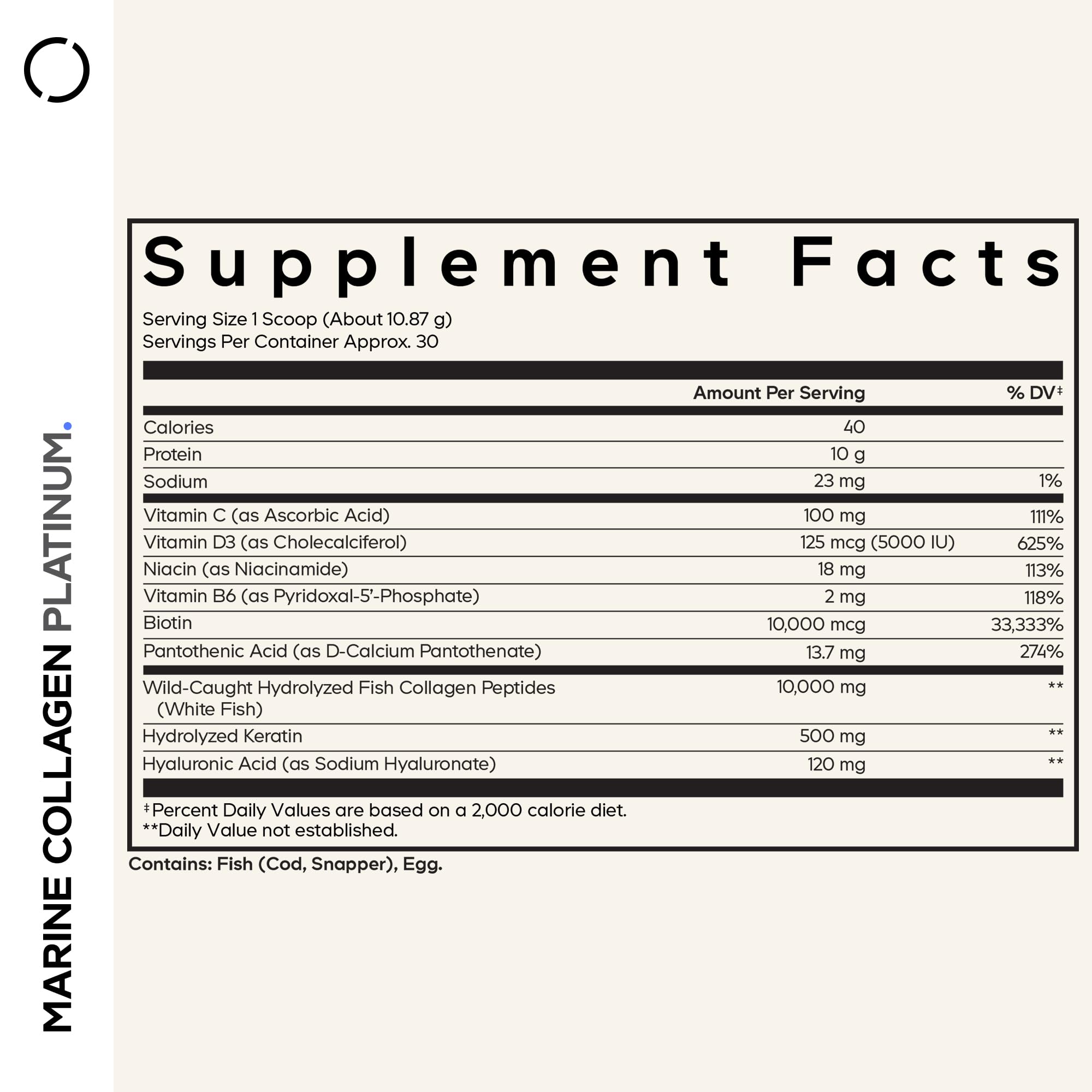 Codeage Marine Collagen Platinum ingredient panel reveals biotin, vitamins, and hyaluronic acid.