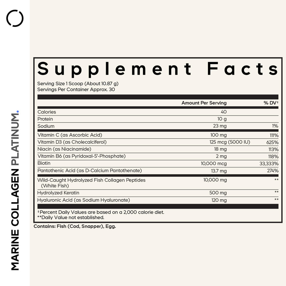 Codeage Marine Collagen Platinum ingredient panel reveals biotin, vitamins, and hyaluronic acid.
