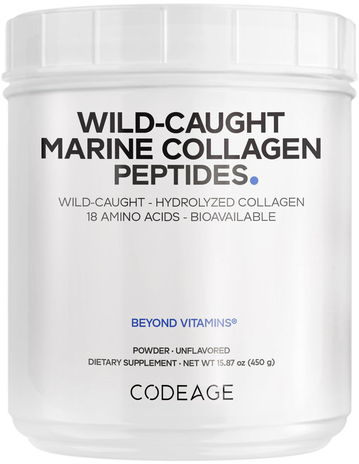 Codeage Marine Collagen bottle front view for daily skin and nail support.