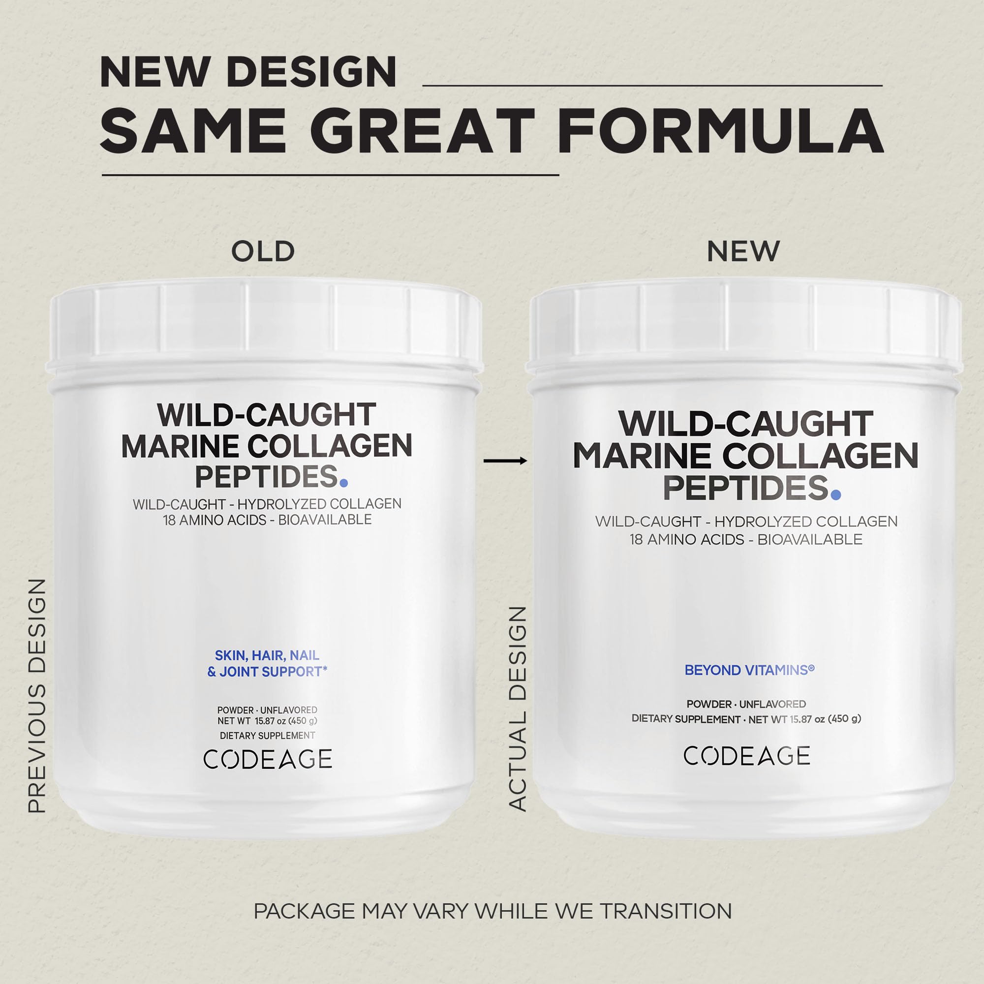 Codeage Marine Collagen powder scoop resting beside container.