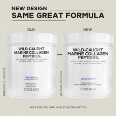 Codeage Marine Collagen powder scoop resting beside container.