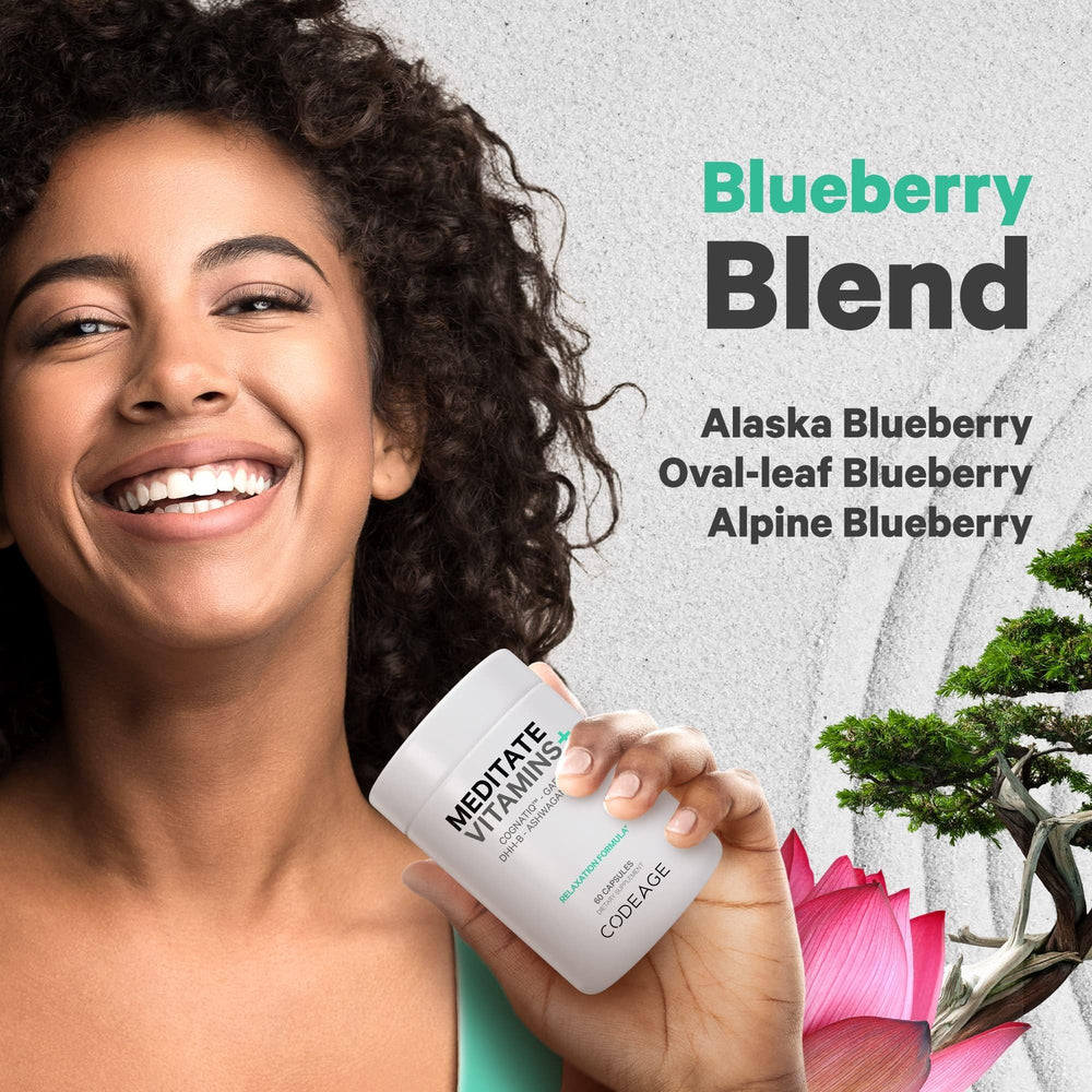 Codeage Meditate berry blend shot with Alaska blueberry and rhodiola.