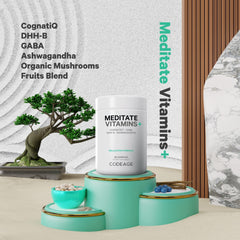 Codeage Meditate capsules close-up highlights vegan, gluten-free daily capsules.