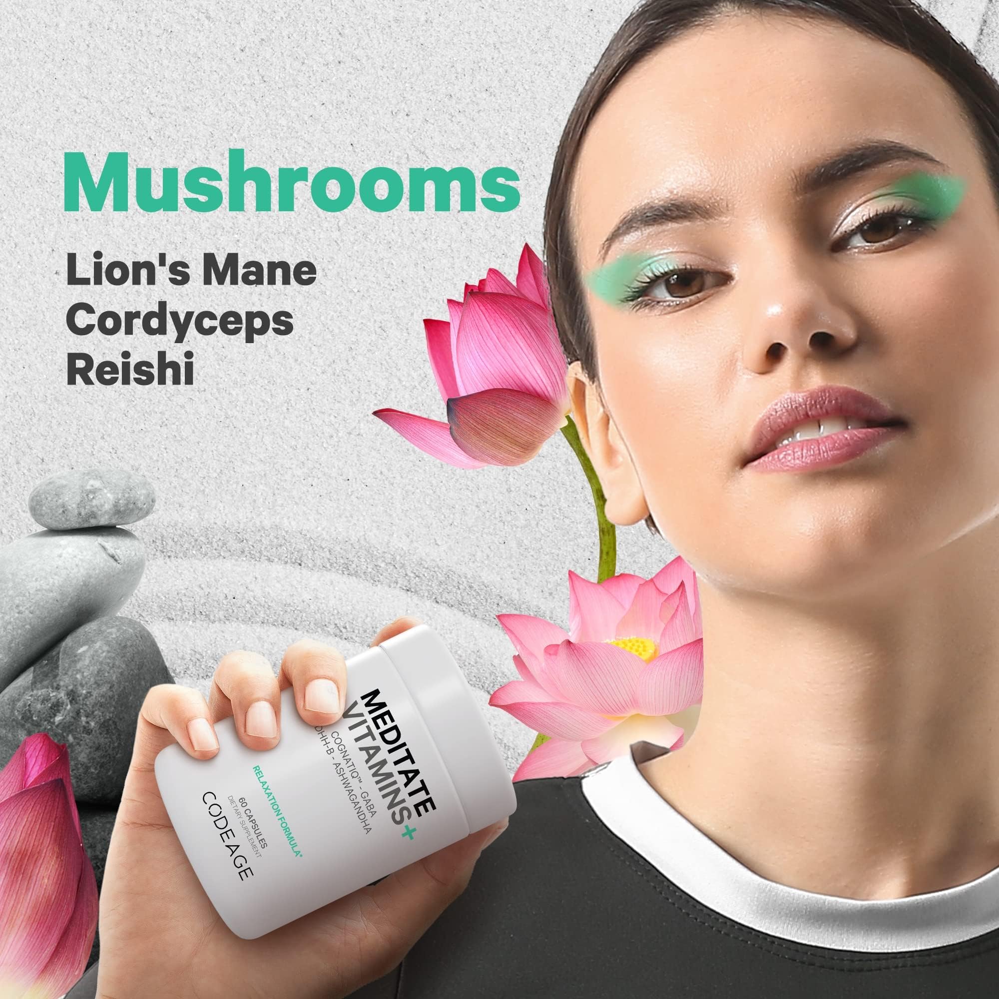 Codeage Meditate organic mushrooms mix image emphasizes Lion's Mane, Cordyceps, Reishi.