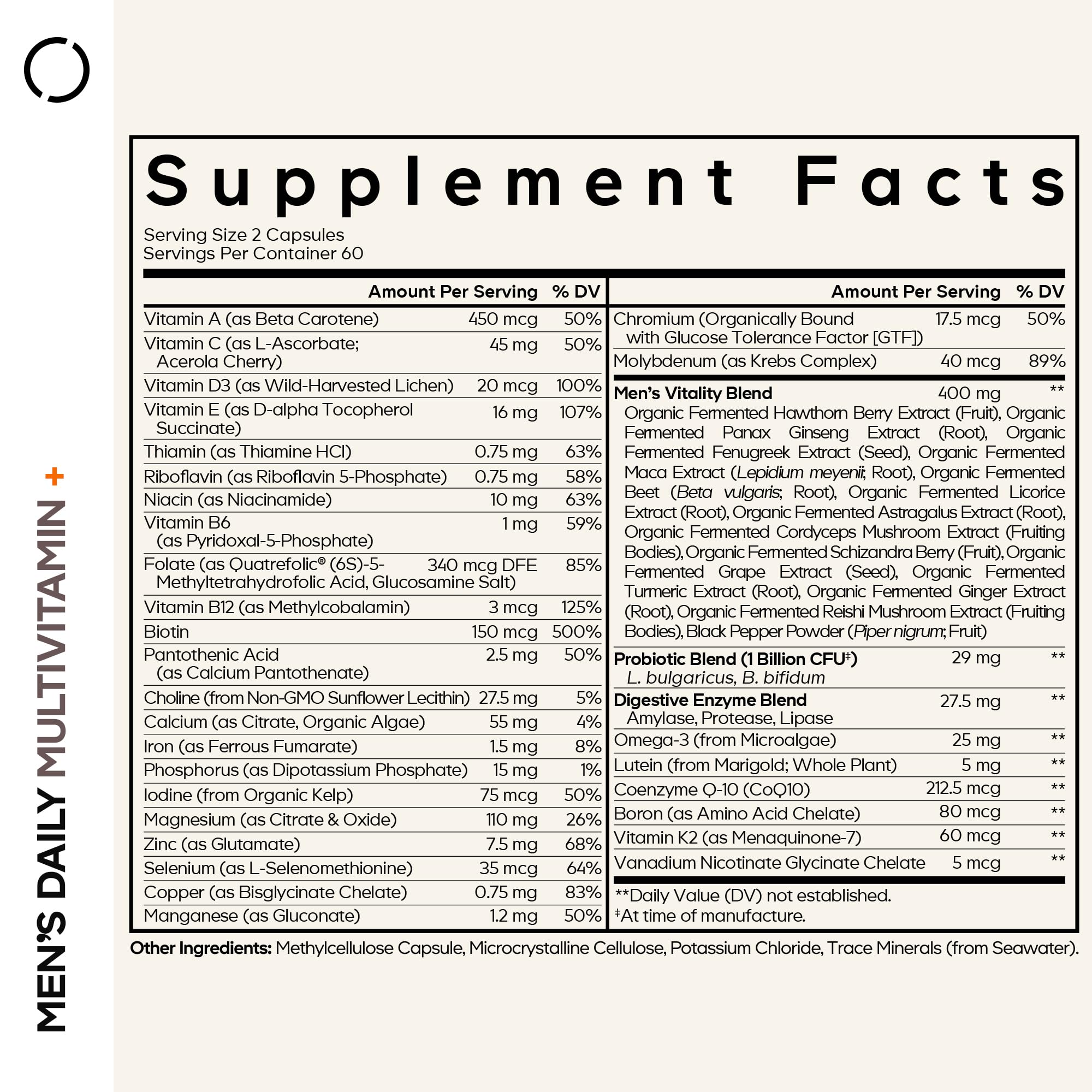 Codeage Men's Daily Multivitamin bottle-back with usage details for wellness