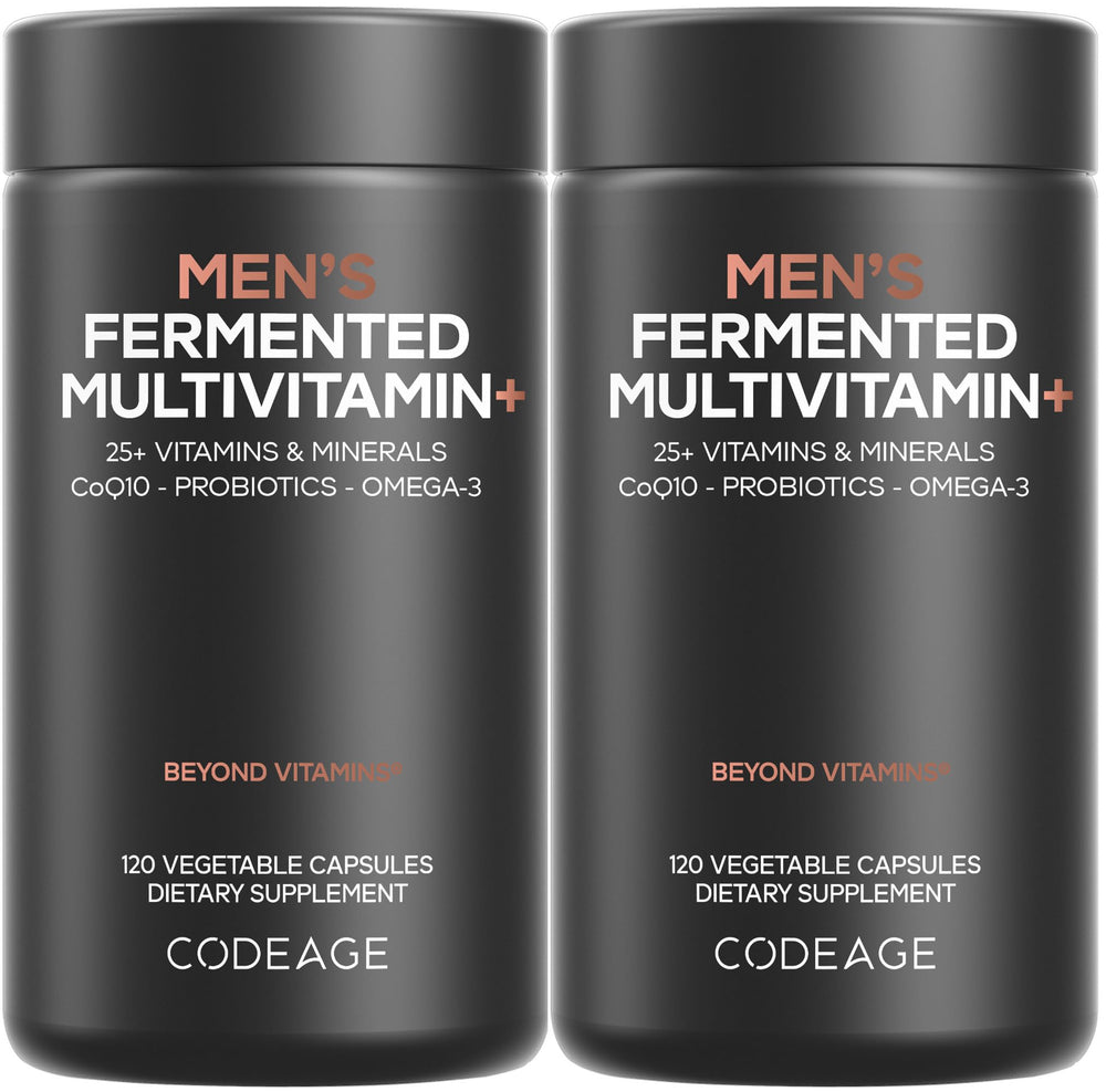 Codeage Men's Daily Multivitamin bottle-front showing 25+ vitamins for daily support